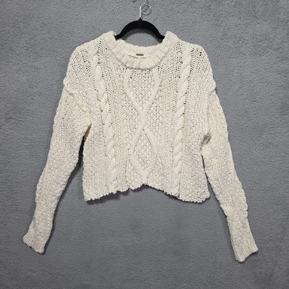 Free People Cotton Cable Knit Crop Sweater Cream Chunky Fisherman Pullover Med